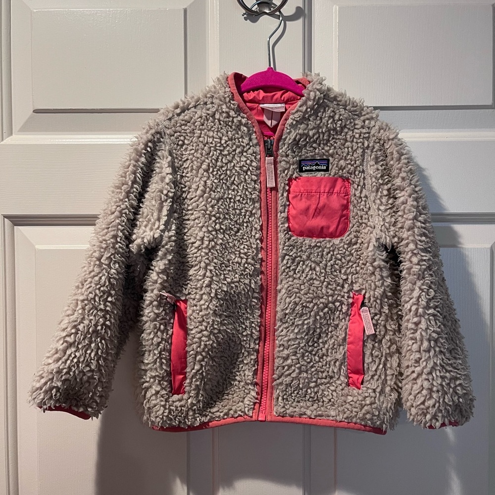 Patagonia Kids Fuzzy Beige and Pink Puffer Jacket